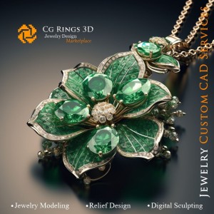 Blumenanhänger mit Smaragd und Diamanten - 3D-CAD-Schmuck Zuhause, KI - Schmuck 3D-CAD, KI - Anhänger 3D-CAD
