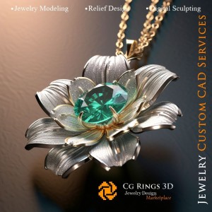 Colgante Floral con Esmeralda y Diamantes - CAD 3D para Joyería, IA - Joyería CAD 3D, IA - Colgantes CAD 3D