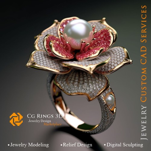 Blumenring mit Perlen, Rubinen und Diamanten - 3D-CAD-Schmuck Zuhause, KI - Schmuck 3D-CAD, KI - Ringe 3D-CAD
