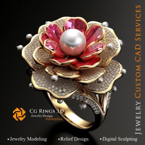 Blumenring mit Perlen, Rubinen und Diamanten - 3D-CAD-Schmuck Zuhause, KI - Schmuck 3D-CAD, KI - Ringe 3D-CAD