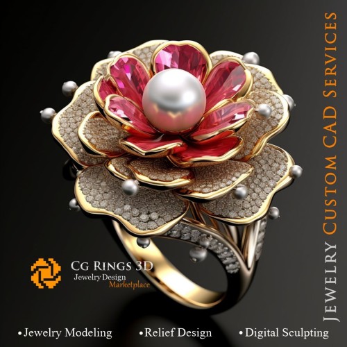 Blumenring mit Perlen, Rubinen und Diamanten - 3D-CAD-Schmuck Zuhause, KI - Schmuck 3D-CAD, KI - Ringe 3D-CAD