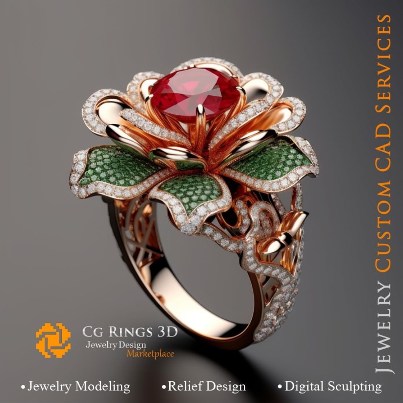Anillo Floral con Rubí, Esmeralda y Diamantes - CAD 3D para Joyería, IA - CAD 3D de Anillos