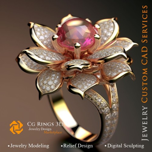 Anello Fiore con Rubino e Diamanti - Gioielli 3D CAD Home, AI - Gioielli 3D CAD, AI - Anelli 3D CAD