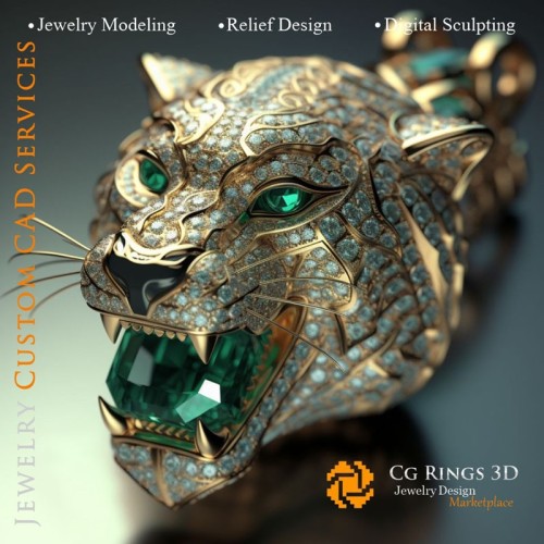 Colgante Tigre con Esmeraldas y Diamantes - CAD 3D de Joyería, IA - CAD 3D de Joyería, IA - Colgantes CAD 3D