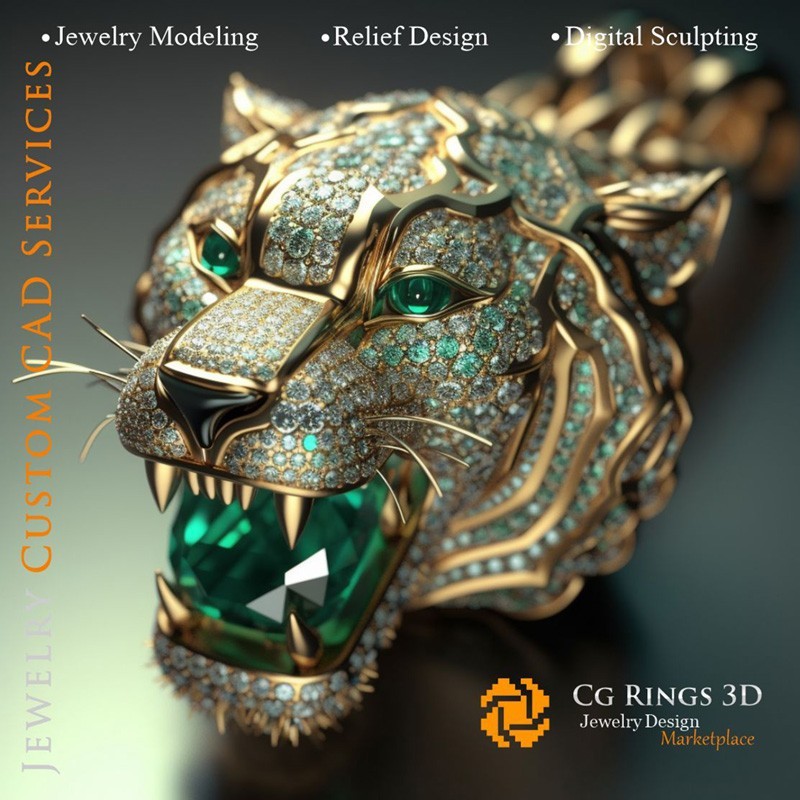 挂坠：老虎，配祖母绿与钻石 - 珠宝3D CAD 主页，AI - 珠宝3D CAD，AI - 吊坠3D CAD
