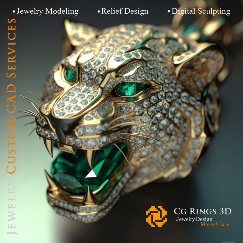 Anhänger Tiger mit Smaragden und Diamanten- Schmuck 3D-CAD Home, KI - Schmuck 3D-CAD, KI - Anhänger 3D-CAD
