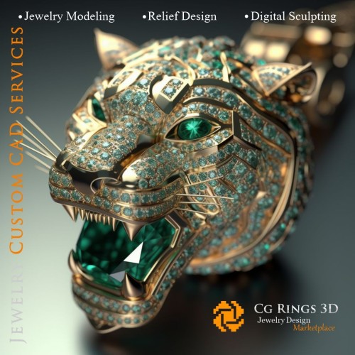 Colgante Tigre con Esmeraldas y Diamantes - Joyería 3D CAD Home, IA - Joyería 3D CAD, IA - Colgantes 3D CAD