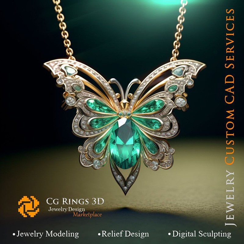 Schmetterlingsanhänger mit Smaragd und Diamanten - Schmuck 3D-CAD Home, KI - Schmuck 3D-CAD, KI - Anhänger 3D-CAD