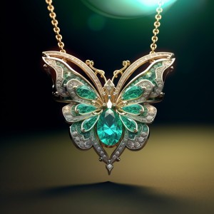 Colgante de mariposa con esmeralda y diamantes - Joyería CAD 3D para el hogar, IA - Joyería CAD 3D, IA - Colgantes CAD 3D