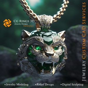 Puma-Anhänger mit Smaragden und Diamanten - 3D-CAD-Schmuck Home, KI - Schmuck 3D-CAD, KI - Anhänger 3D-CAD