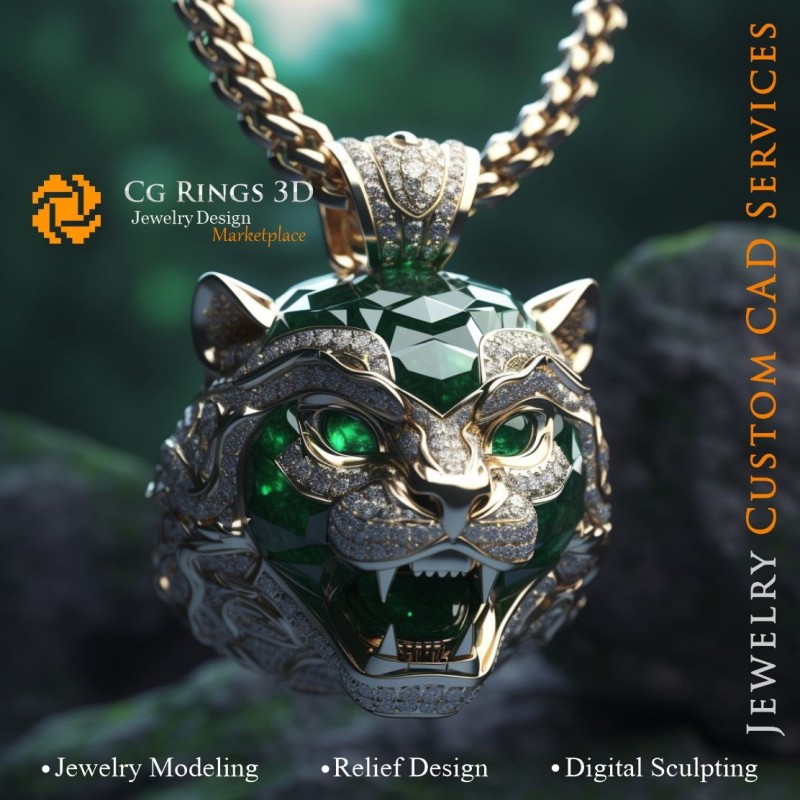 Colgante Puma con Esmeraldas y Diamantes - CAD 3D de Joyería, IA - CAD 3D de Colgantes