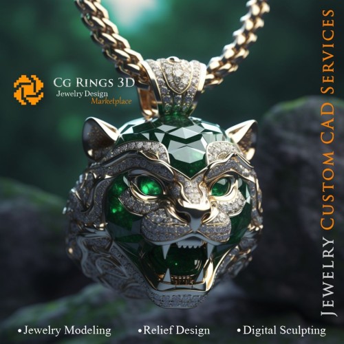 Puma-Anhänger mit Smaragden und Diamanten - 3D-CAD-Schmuck Home, KI - Schmuck 3D-CAD, KI - Anhänger 3D-CAD