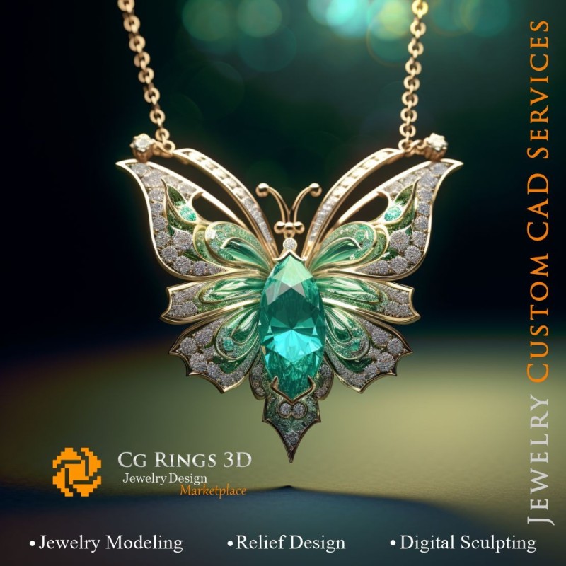 Schmetterlingsanhänger mit Smaragd und Diamanten - Schmuck 3D-CAD Zuhause, KI - Schmuck 3D-CAD, KI - Anhänger 3D-CAD