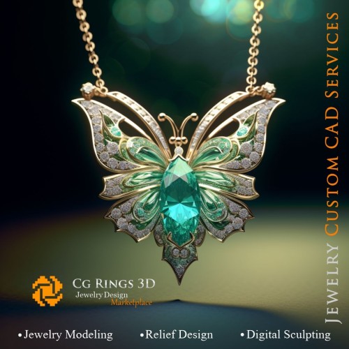 Colgante de mariposa con esmeralda y diamantes - CAD 3D de joyería Hogar, IA - CAD 3D de joyería, IA - Colgantes CAD 3D