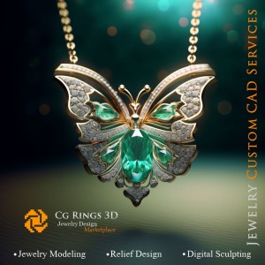 Schmetterlingsanhänger mit Smaragd und Diamanten - Schmuck 3D-CAD Home, KI - Schmuck 3D-CAD, KI - Anhänger 3D-CAD