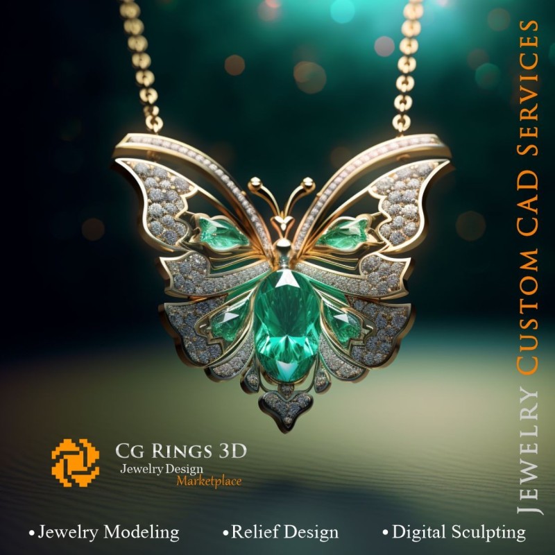 Schmetterlingsanhänger mit Smaragd und Diamanten - Schmuck 3D-CAD Home, KI - Schmuck 3D-CAD, KI - Anhänger 3D-CAD