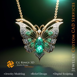 Schmetterlingsanhänger mit Smaragd und Diamanten - Schmuck 3D-CAD Home, KI - Schmuck 3D-CAD, KI - Anhänger 3D-CAD