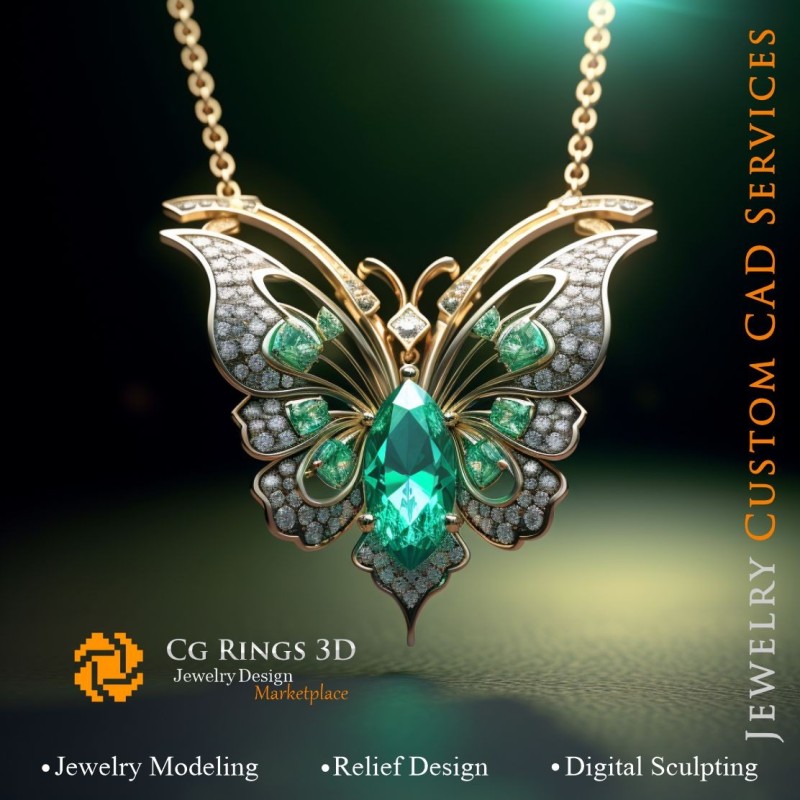 Schmetterlingsanhänger mit Smaragd und Diamanten - Schmuck 3D-CAD Home, KI - Schmuck 3D-CAD, KI - Anhänger 3D-CAD