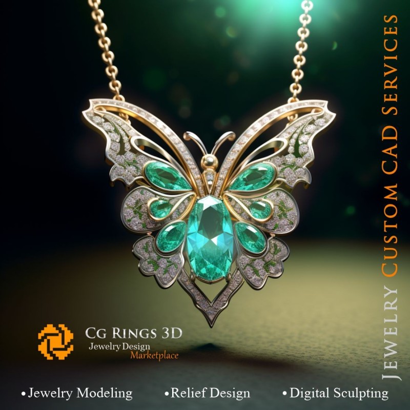 Colgante de mariposa con esmeralda y diamantes - Joyería 3D CAD Inicio, IA - Joyería 3D CAD, IA - Colgantes 3D CAD