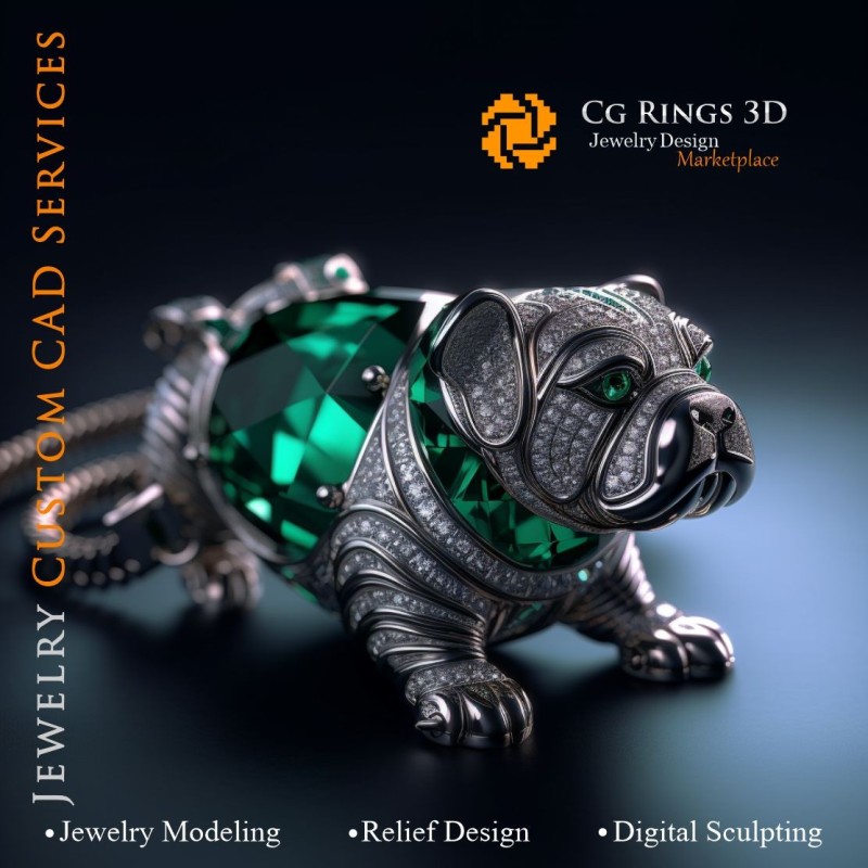 Hundeanhänger mit Smaragden und Diamanten - Schmuck 3D-CAD Home, KI - Schmuck 3D-CAD, KI - Anhänger 3D-CAD