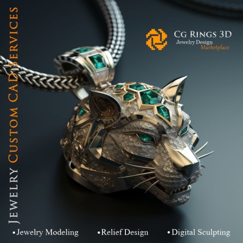 Colgante Puma con Esmeraldas - CAD 3D de Joyería, IA - Joyería CAD 3D, IA - Colgantes CAD 3D