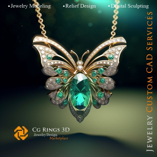 Schmetterlings-Anhänger mit Smaragd und Diamanten - Schmuck 3D-CAD Home, KI - Schmuck 3D-CAD, KI - Anhänger 3D-CAD