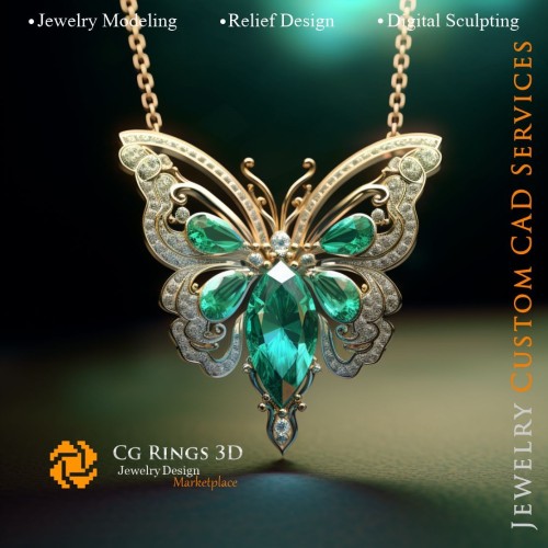 Schmetterlingsanhänger mit Smaragd und Diamanten - Schmuck 3D-CAD Zuhause, KI - Schmuck 3D-CAD, KI - Anhänger 3D-CAD