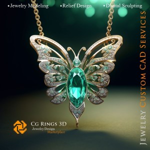 Colgante de mariposa con esmeralda y diamantes - CAD 3D de joyería Hogar, IA - CAD 3D de joyería, IA - Colgantes CAD 3D