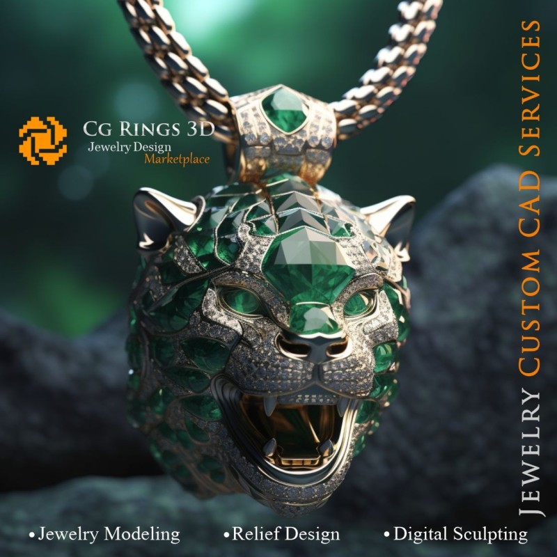 Colgante Puma con Esmeraldas y Diamantes - CAD 3D de Joyería, IA - Joyería CAD 3D, IA - Colgantes CAD 3D
