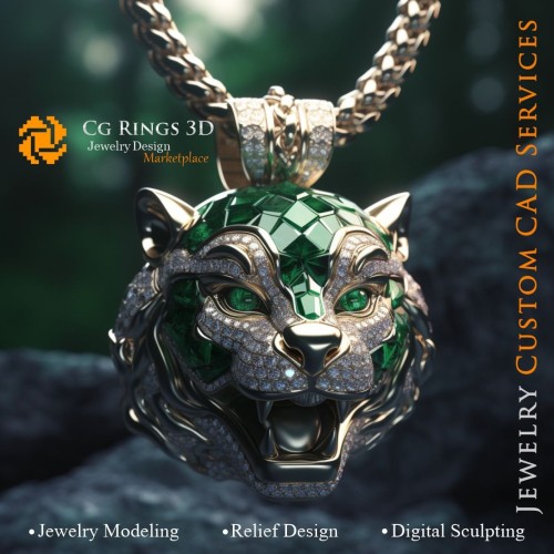 Puma-Anhänger mit Smaragden und Diamanten - 3D-CAD-Schmuck Zuhause, KI - Schmuck 3D-CAD, KI - Anhänger 3D-CAD