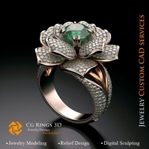 花朵戒指，绿宝石与钻石 - 3D CAD 珠宝主页，AI - 珠宝 3D CAD，AI - 戒指 3D CAD