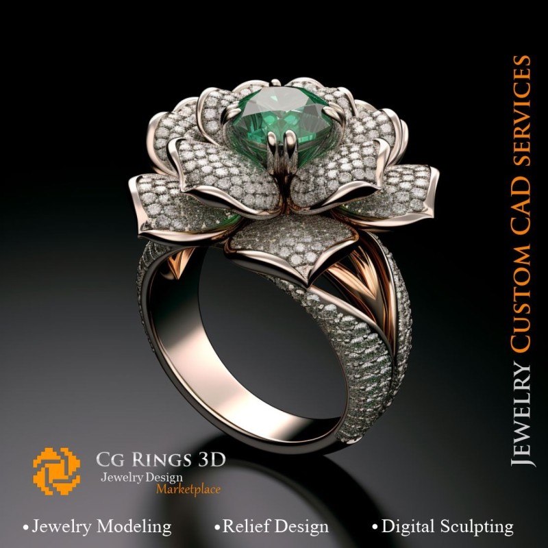 Blumenring mit Smaragd und Diamanten - 3D-CAD-Schmuck Zuhause, KI - Schmuck 3D-CAD, KI - Ringe 3D-CAD