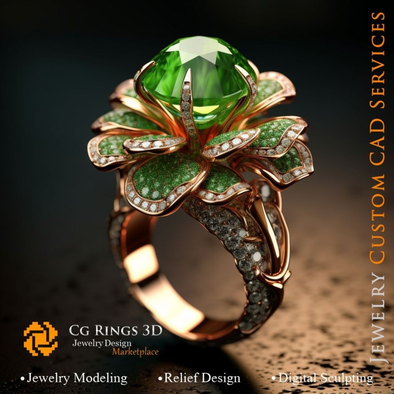 Anello a fiore con smeraldi e diamanti - CAD gioielli 3D casa, IA - CAD gioielli 3D, IA - CAD anelli 3D