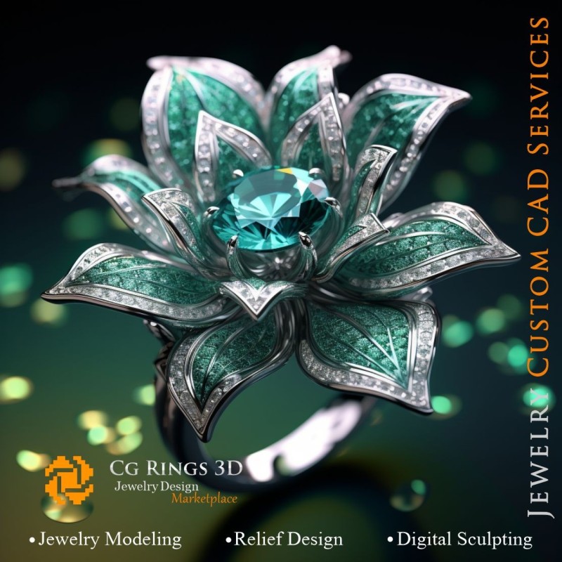 花朵戒指配祖母绿和钻石 - 3D CAD 珠宝之家，AI - 珠宝 3D CAD，AI - 戒指 3D CAD