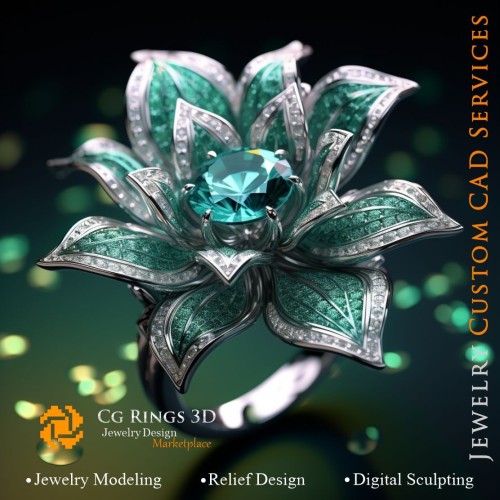 Blütenring mit Smaragd und Diamanten - 3D-CAD-Schmuck Zuhause, KI - Schmuck 3D-CAD, KI - Ringe 3D-CAD