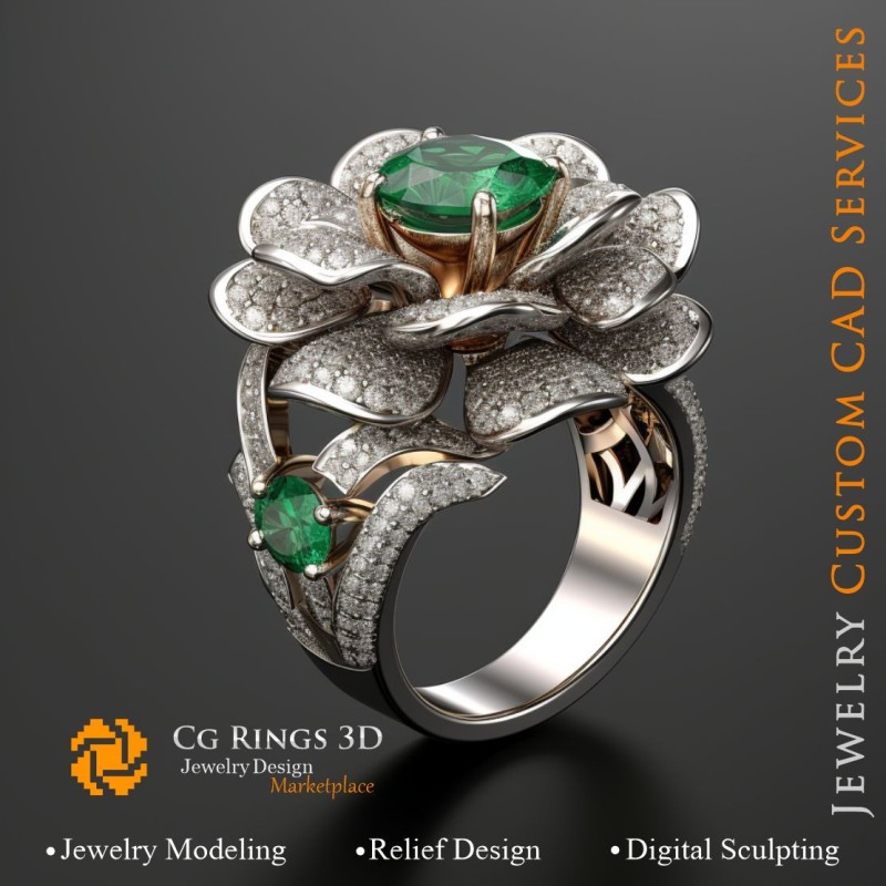 Blumenring mit Smaragden und Diamanten - 3D-CAD-Schmuck Zuhause, KI - Schmuck 3D-CAD, KI - Ringe 3D-CAD