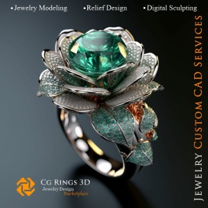 Anillo floral con esmeraldas y diamantes - CAD 3D de joyería para el hogar, IA - CAD 3D de joyería, IA - Anillos CAD 3D