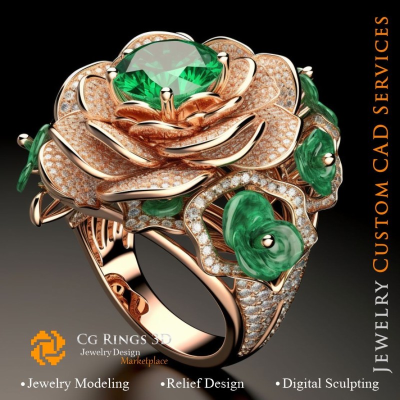 Anillo Flor con Esmeraldas y Diamantes - CAD 3D de Joyería para el Hogar, IA - CAD 3D de Joyería, IA - Anillos CAD 3D