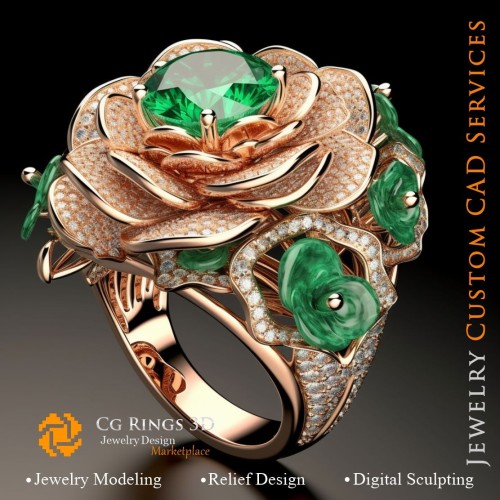 Blumenring mit Smaragden und Diamanten - 3D-CAD-Schmuck Zuhause, KI - Schmuck 3D-CAD, KI - Ringe 3D-CAD