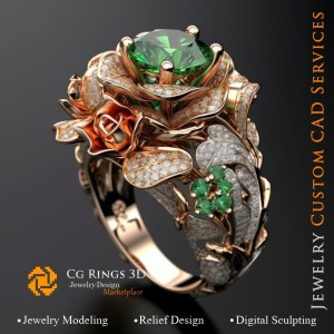 Bague Fleur avec Émeraudes et Diamants - CAO 3D Bijoux Maison, IA - CAO 3D Bijoux, IA - Bagues CAO 3D