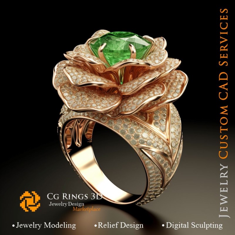 Anillo flor con esmeralda y diamantes - CAD 3D de joyería para el hogar, IA - CAD 3D de joyería, IA - Anillos CAD 3D