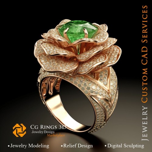 Anillo flor con esmeralda y diamantes - CAD 3D de joyería para el hogar, IA - CAD 3D de joyería, IA - Anillos CAD 3D