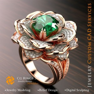 Bague fleur avec émeraude et diamants - CAO 3D bijouterie, IA - CAO 3D bagues, IA
