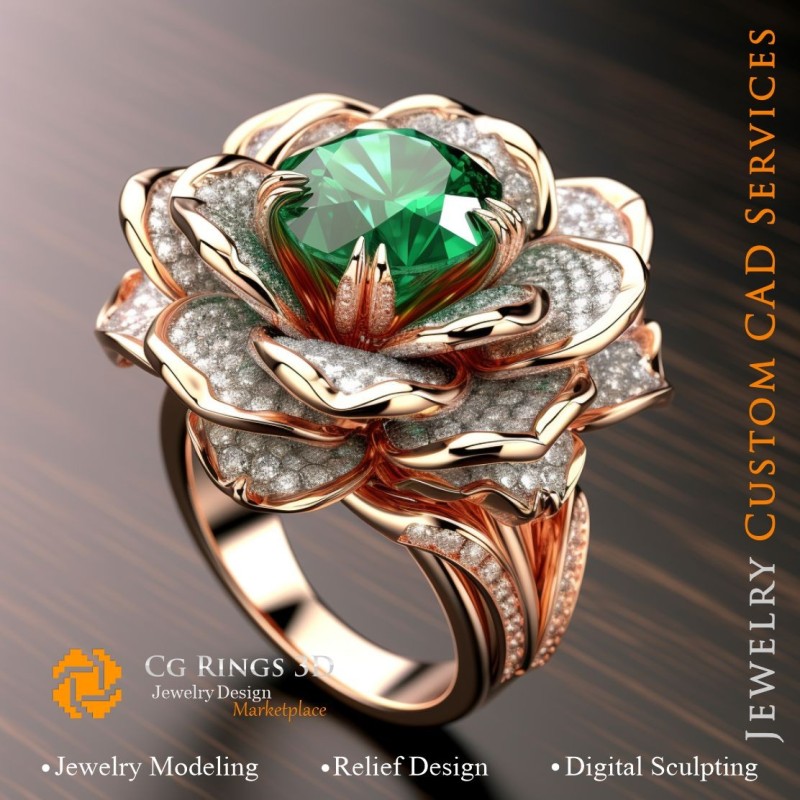 Bague fleur avec émeraude et diamants - CAO 3D bijouterie, IA - CAO 3D bagues, IA