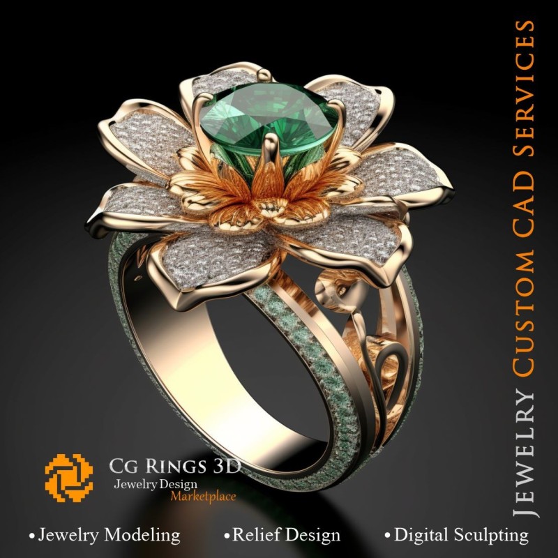 Anillo flor con esmeralda y diamantes - CAD 3D joyería, IA - CAD 3D anillos