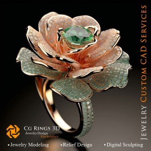 Bague Fleur avec Émeraudes et Diamants - CAO 3D Bijoux Maison, IA - CAO 3D Bijoux, IA - Bagues CAO 3D