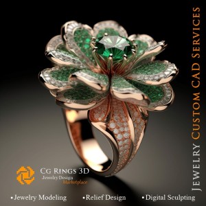 Flower Ring with Emeralds and Diamonds - 3D CAD Jewelry Home, AI - Jewelry 3D CAD , AI - Rings 3D CAD 2