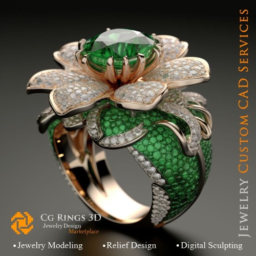绿宝石与钻石花朵戒指 - 3D CAD 珠宝之家，AI - 珠宝 3D CAD，AI - 戒指 3D CAD