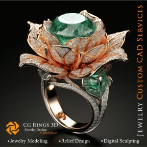 Anillo flor con esmeraldas y diamantes - CAD 3D de joyería para el hogar, IA - CAD 3D de joyería, IA - CAD 3D de anillos