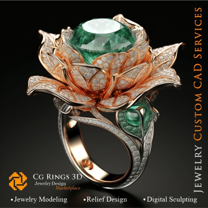 Bague Fleur avec Émeraudes et Diamants - CAO 3D Bijoux Maison, IA - CAO 3D Bijoux, IA - Bagues CAO 3D
